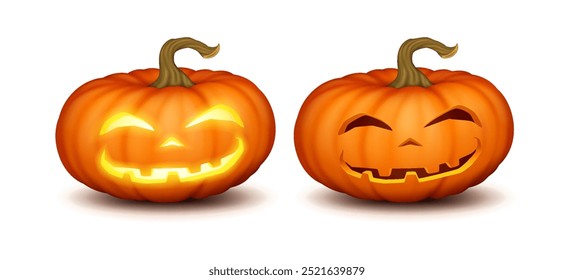 Calabazas talladas con luz y sombra realista conjunto de iconos de color. Caras sonrientes traviesas para los personajes espeluznantes de Halloween 3d en blanco