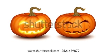 Craved pumpkins with light and shade realistic color icons set. Mischievous smiley faces for spooky Halloween 3d characters on white