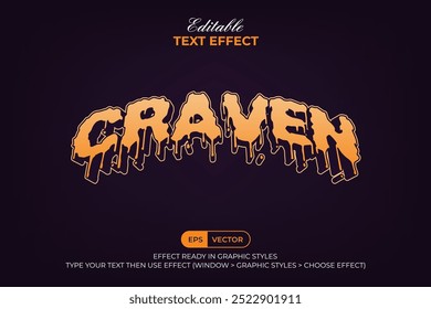 Estilo Curvo 3d de Efeito de Texto Craven. Vetor de Tema de Halloween com Efeito de Texto Editável.