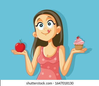 Craving Girl Choosing Between Apple And Muffin Cake. Funny Woman Trying To Decide For Healthy Snack Or Sugary Dessert
