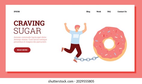 Craving sugar and unhealthy eating habits website banner, flat vector illustration. Addiction to sweet sugary food web banner or landing page template.