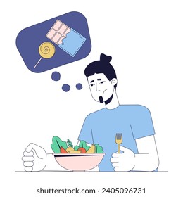 Adultos desgarradores durante el invierno concepto de ilustración lineal 2D. Hombre infeliz con personaje de caricatura sobre el tazón de ensalada aislado en blanco. Trastorno afectivo estacional metáfora abstracto del vector plano gráfico