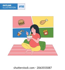 Cravings pregnant, junk food vs healthy food, healthy and unhealthy food during pregnancy, Diet Choice outline illustration