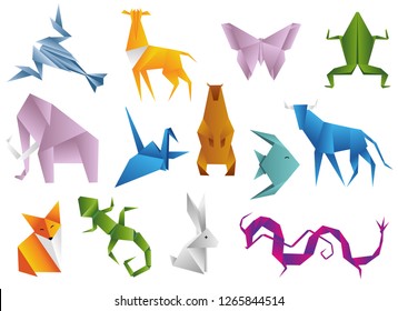 Crawfish, antelope, butterfly, frog, elephant, dove, bear, fish, bull, fox, lizard, hare, dragon. Animals origami set japanese folded modern wildlife hobby symbol vector illustration.