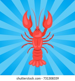 Crawfish or crawdads, freshwater lobster, mudbugs or yabbies seafood vector in concept of Oktoberfest or Octoberfest festival on background with rays