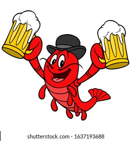 Crawfish Daddy - A cartoon illustration of a Crawfish with a couple of mugs of Beer.