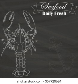 Crawfish or lobster outline silhouette isolated on chalkboard. Hand drawn style. 