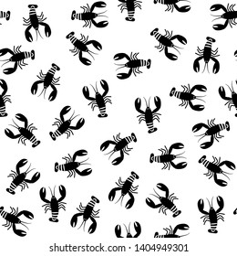 Crawfish monochrome seamless pattern. Flat illustration of black lobsters.