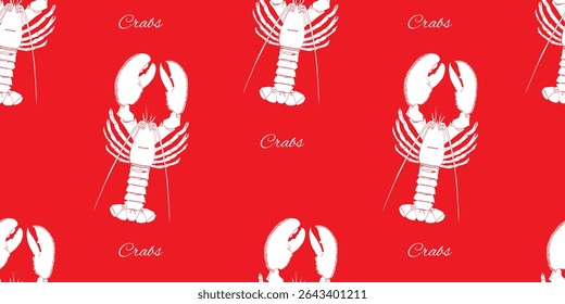 Crawfish on red background. Seamless pattern. White lobsters print for textile, fabric, paper.