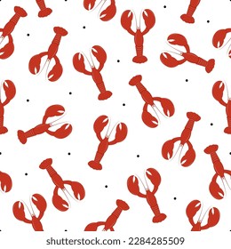 Crawfish on white polka dot background. Seamless pattern. Red lobsters print for textile and fabric