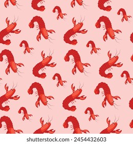 Crawfish pattern seamless marine, great design for any purposes.Sea animal style. Colorful pattern for fabric and paper, invitations, cards. Doodle vector illustration of red lobsters.