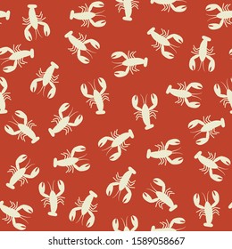 Crawfish seamless pattern. Flat illustration of white lobsters on red background.