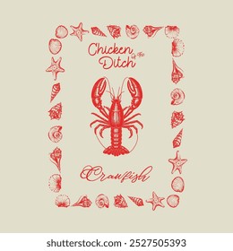 Crawfish tee design, Unisex Women's Men's Shirt, Crayfish Shirt, Fishing Shirt, Funny Fish tee, Vintage retro print, seafood Crawfish sketch, drawing artwork grunge apparel seafood tee design