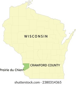 Ubicación del condado de Crawford y la ciudad de Prairie du Chien en el mapa estatal de Wisconsin