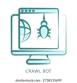 Crawl Bot Hand Drawn Dual Tone Color Icon, Mini Illustration For Modern Concept, Ui, Ux Web And App Development. Related To Seo And Online Marketing.