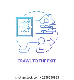 Crawl to exit blue gradient concept icon. Escape house from fire abstract idea thin line illustration. Avoid deadly smoke and fumes. Breathe less. Isolated outline drawing. Myriad Pro-Bold font used