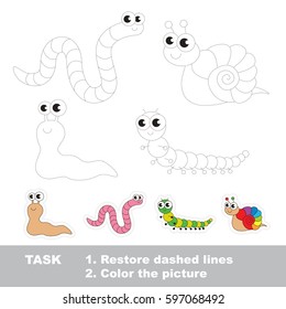 The Crawl Insect Set, the Slug and Snail, the worm and millipede . Dot to dot educational game for kids, insect set to be traced.