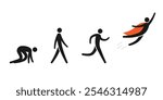 Crawl Walk Run Fly stick figure icon set. Clipart image isolated on white background