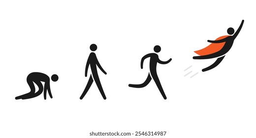 Crawl Walk Run Fly stick figure icon set. Clipart image isolated on white background