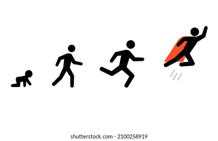 Crawl Walk Run Fly stickman icon set. Clipart image isolated on white background