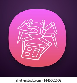 Crawler app icon. Spiderbot. Search engine optimization. Automatic indexer. Content monitoring. Artificial intelligence. UI/UX user interface. Web or mobile application. Vector isolated illustration