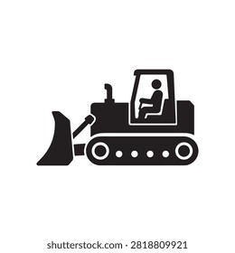 Crawler Bulldozer Earthmoving Icon, Dozer Pushing Blade Vector isolated on white background, black flat glyph