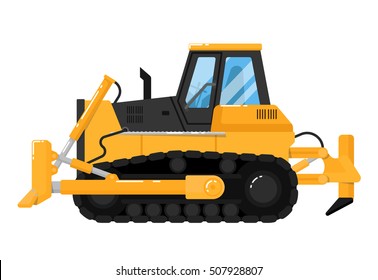 Crawler bulldozer. Yellow heavy mining bulldozer icon isolated on white background. Caterpillar digger machine or excavator side view illustration. Construction dozer truck vehicle vector mockup
