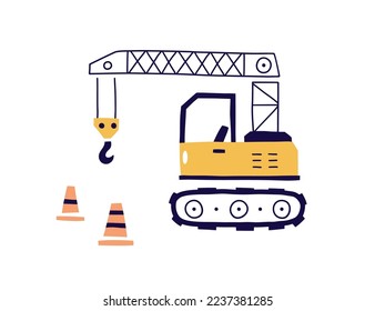 Crawler crane, cute construction transport in Scandinavian style. Industry vehicle with lifting arm for building and road repair. Childish Scandi flat vector illustration isolated on white background