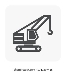 Crawler crane or derrick crane vector icon design. Machinery equipment or vehicle consist of lattice boom, track wheel and hook for work in building construction site to lift, transport heavy load.
