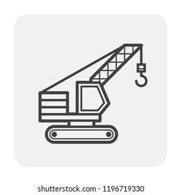 Crawler crane or derrick crane vector icon design. Machinery equipment or vehicle consist of lattice boom, track wheel and hook for work in building construction site to lift, transport heavy load.
