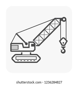Crawler crane or derrick crane vector icon design. Machinery equipment or vehicle consist of lattice boom, track wheel and hook for work in building construction site to lift, transport heavy load.
