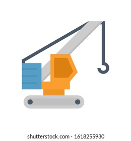 Crawler crane or derrick crane vector icon design. Machinery equipment or vehicle consist of lattice boom, track wheel and hook for work in building construction site to lift, transport heavy load.
