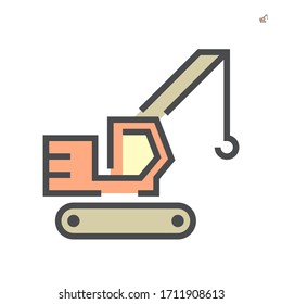 Crawler crane or derrick crane vector icon. Machinery equipment or vehicle consist of lattice boom, track wheel and hook for work in building construction site to lift, transport heavy load. 64x64 px
