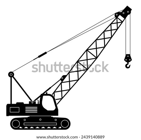 Crawler crane silhouette on white background vector illustration. Construction vehicle view from the side