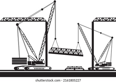 Crawler cranes  mounting a part of bridge – vector illustration