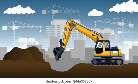 Crawler excavator, Backhoe digger in working, Crawler excavator truck on buildings under construction background, Construction and industrial machinery vector illustration.