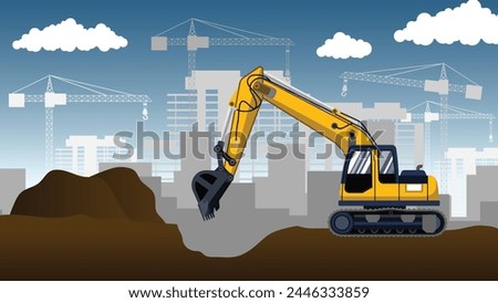 Crawler excavator, Backhoe digger in working, Crawler excavator truck on buildings under construction background, Construction and industrial machinery vector illustration.
