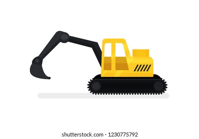 Crawler excavator with bucket. Heavy construstion equipment. Digging machine. Flat vector icon