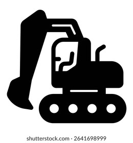Crawler excavator with bucket solid icon, making road concept. Vector graphics. Excavator vehicle, heavy transport sign on white background, style mobile or design