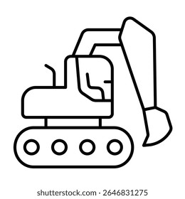 Crawler excavator with bucket thin line icon, making road concept. Vector graphics. Excavator vehicle, heavy transport sign on white background, style mobile or design