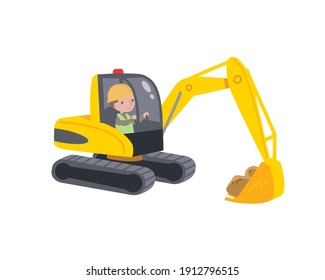Crawler excavator, crawling digger at works digging on demolition site. Vector cartoon childish style comic illustration for a book. Helper car. Flat design.