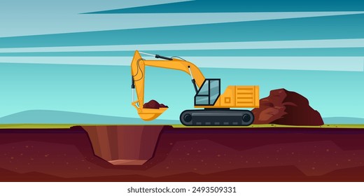 Crawler excavator is digging a hole in the ground. Horizontal industrial landscape image in cartoon style. Vector illustration.