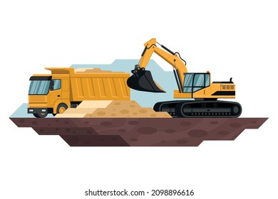 crawler excavator filling a dump truck in a construction and mining with heavy machinery 3d