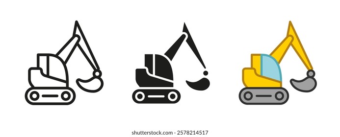 Crawler excavator icon. Forklift loader vector illustration. Digging machine symbol. Construction industrial heavy machinery equipment. Hydraulic scoop sign. Mini excavate pictogram. Excavator concept