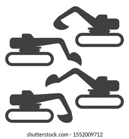 Crawler excavator icon. Set of four variants of the bucket position. Vector on a white background.
