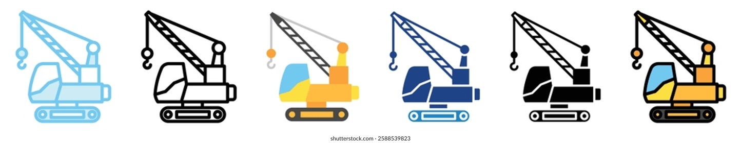 Crawler Excavator multi style, mini illustration icon. outline, flat, glyph, line color, UI, UX, app and web, digital or print. related to heavy machinery, industry, road construction theme