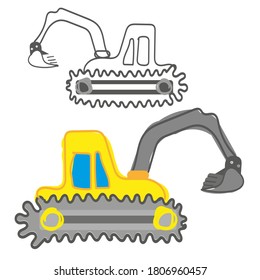 crawler excavator vector illustration in color and line. Art line, drawing, excavator sketch