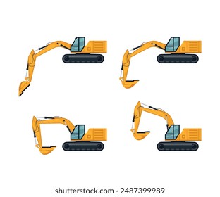 Crawler excavators in different positions. Yellow icons in cartoon style. Vector illustration isolated on a white background.