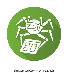 Crawler flat design long shadow glyph icon. Spiderbot. Search engine optimization. Content monitoring. Artificial intelligence. Web indexing. Robot software. Vector silhouette illustration