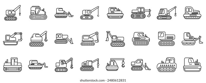 crawler icons set. Set of construction machines icons showing excavators, bulldozers, cranes, and other heavy equipment for building and demolition